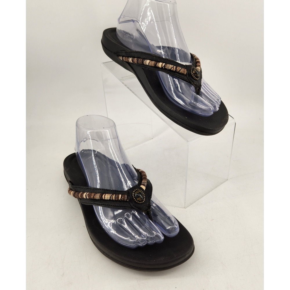 Aetrex Hazel Flip Flop Sandals Women 8.5 Black Woven Cabochon Bead Comfort AE630